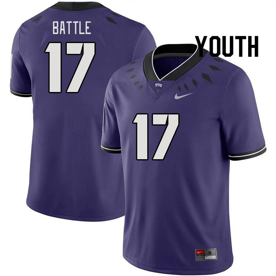 Youth #17 Trent Battle TCU Horned Frogs 2023 College Footbal Jerseys Stitched-Purple - Click Image to Close